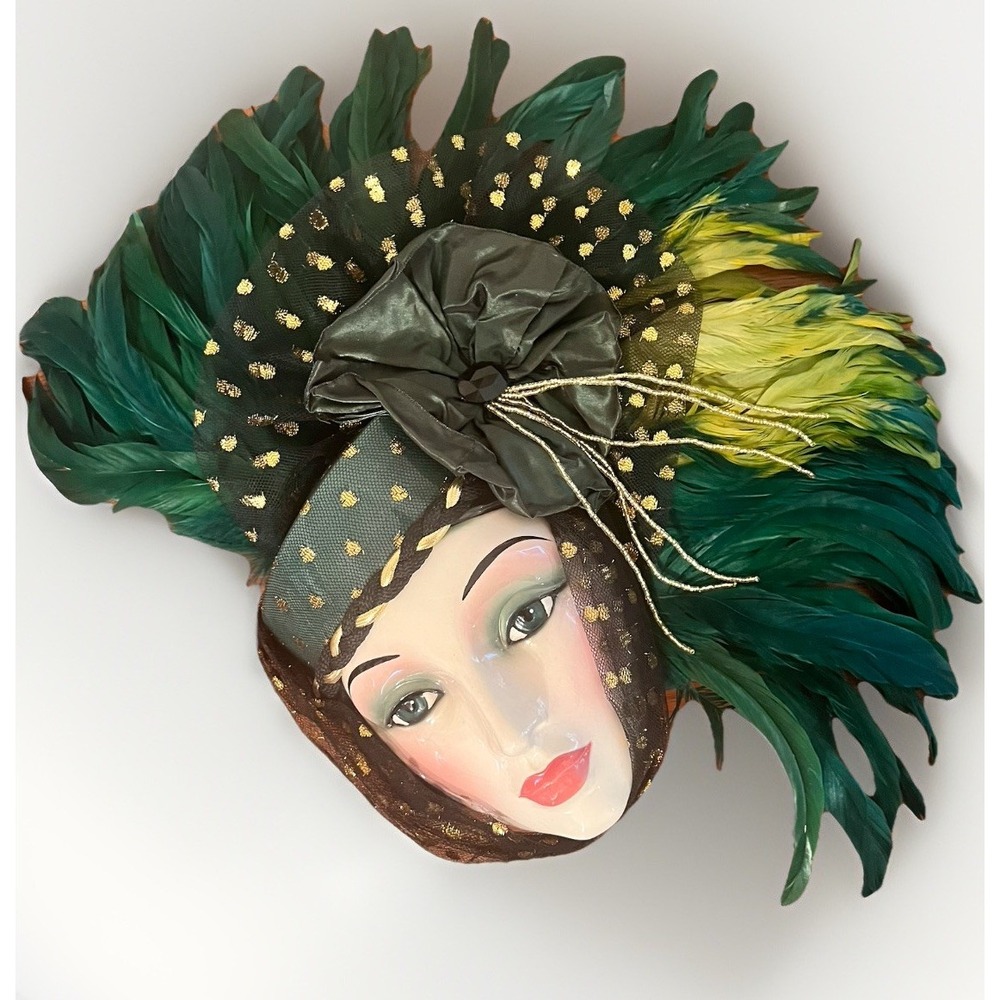 Clay Art Mask San Francisco VTG NWT Ceramic Wall Hanging Feather Art Deco Beaded